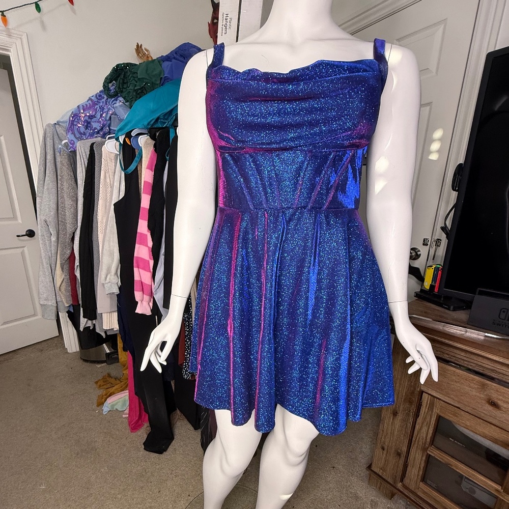 Blue Iridescent Glitter Knit Plus Size Jacquard Cowl Neck Dress